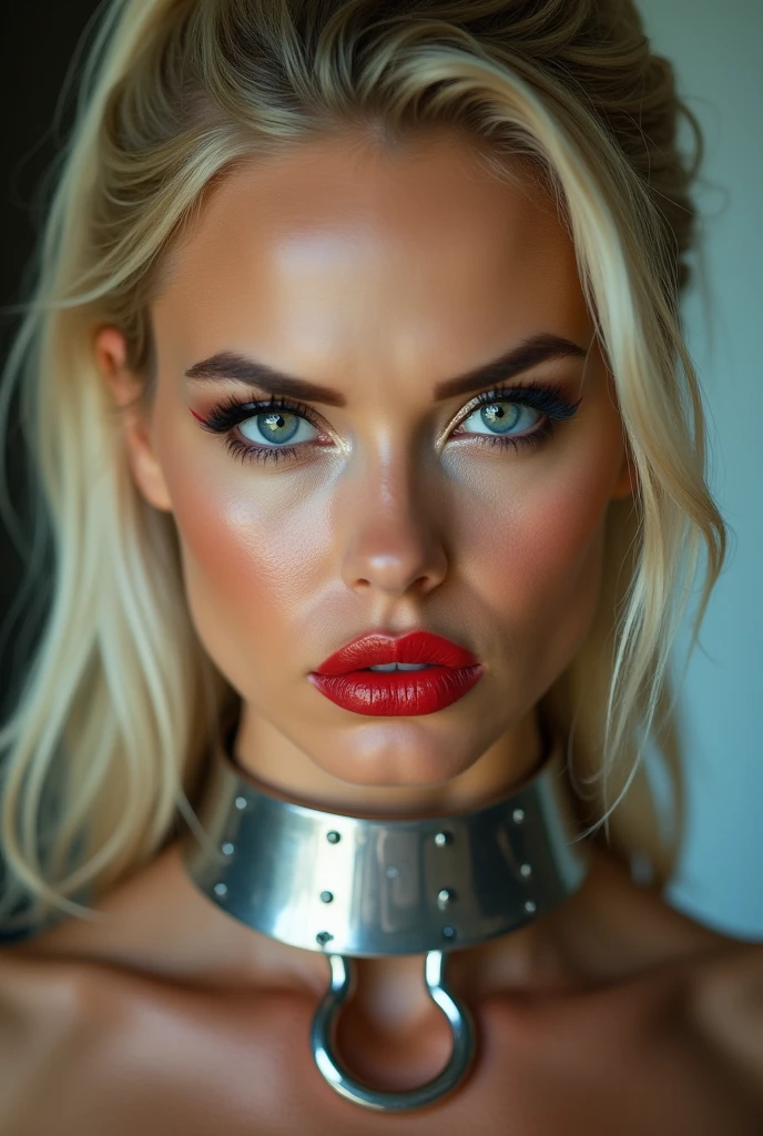 best quality, 8K, HD, beautiful blonde Caucasian woman, looking very a arrogant enraged down to the camera, heavily made-up eyes, heavily made-up cheeks, shiny red lips, super blonde hair, ponytail hairstyle, shiny silver steel collar with o-ring on the front side,