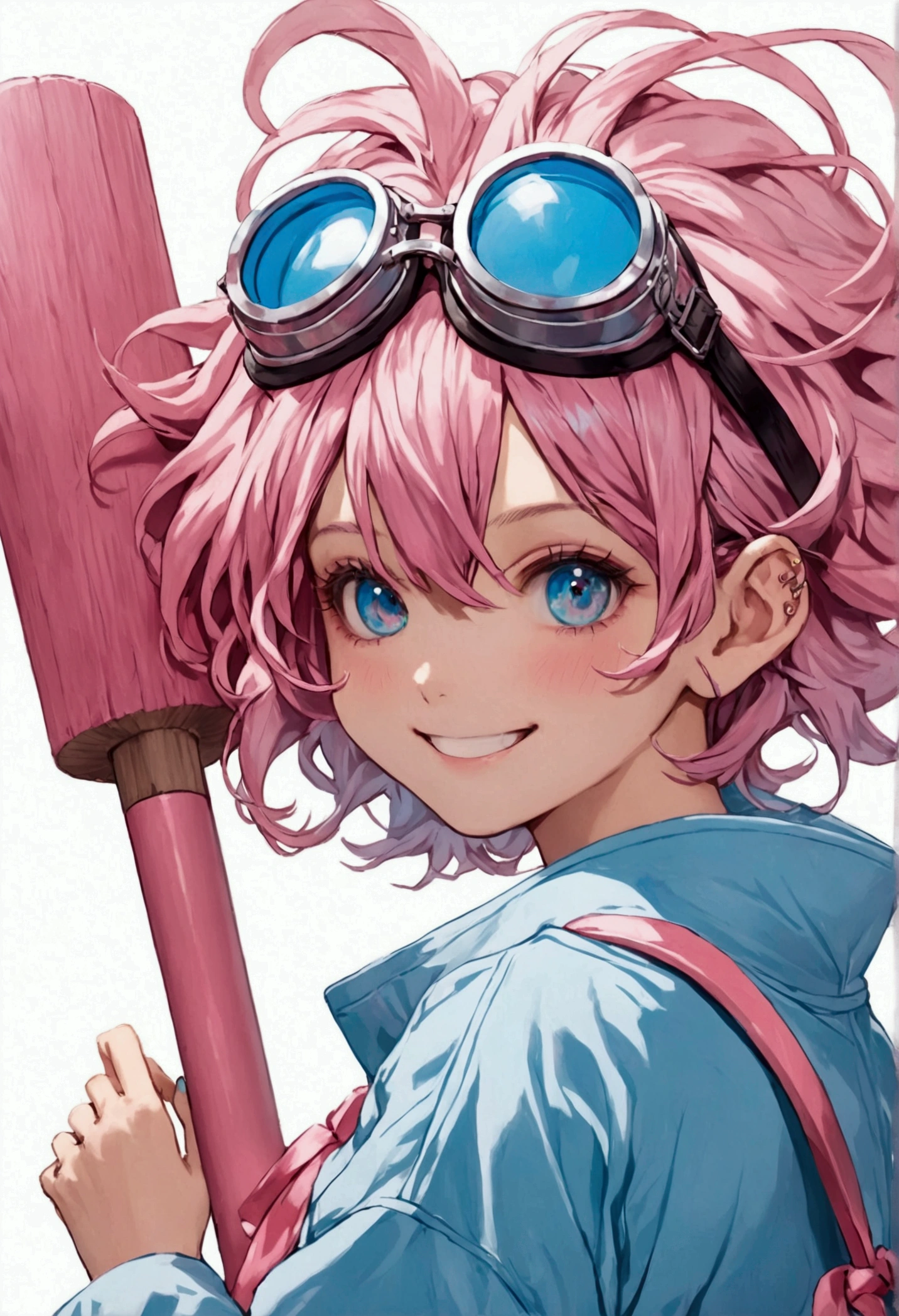 Teen girl. One eye Is pink and one eye Is blue, the eye with color blue has a yellow star in it. Natrual Skin that is close to pink color. Cute face. Beautiful face. Slim body. Big chaos smile. Crazy. Short haircut. Fluffy hair that is dyed with both pink and blue color togather. Pastel Pink and blue jacket. Long sleeves. She Is holding a oversized pink mallet with Ribbon around it to the air . There Is goggles on her head. Chaos smile. Smiling like a mad scientist but not evil