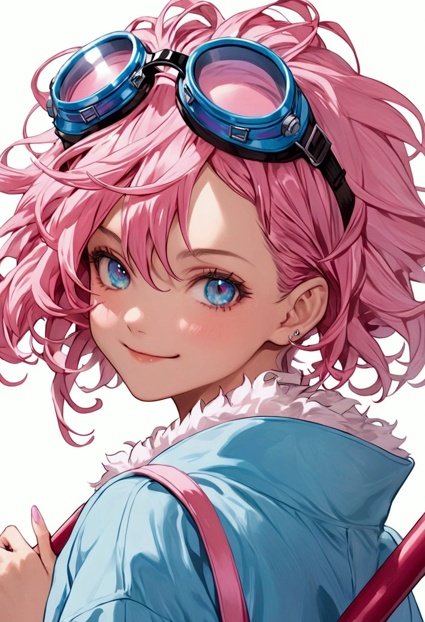 Teen girl. One eye Is pink and one eye Is blue, the eye with color blue has a yellow star in it. Natrual Skin that is close to pink color. Cute face. Beautiful face. Slim body. Big chaos smile. Crazy. Short haircut. Fluffy hair that is dyed with both pink and blue color togather.  Pastel Pink and blue jacket. Long sleeves. She Is holding a oversized pink mallet with Ribbon around it to the air . There Is goggles on her head. Chaos smile. Smiling like a mad scientist but not evil 