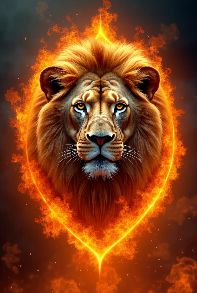 A musical symbol with a lion's face with flames in the background for
