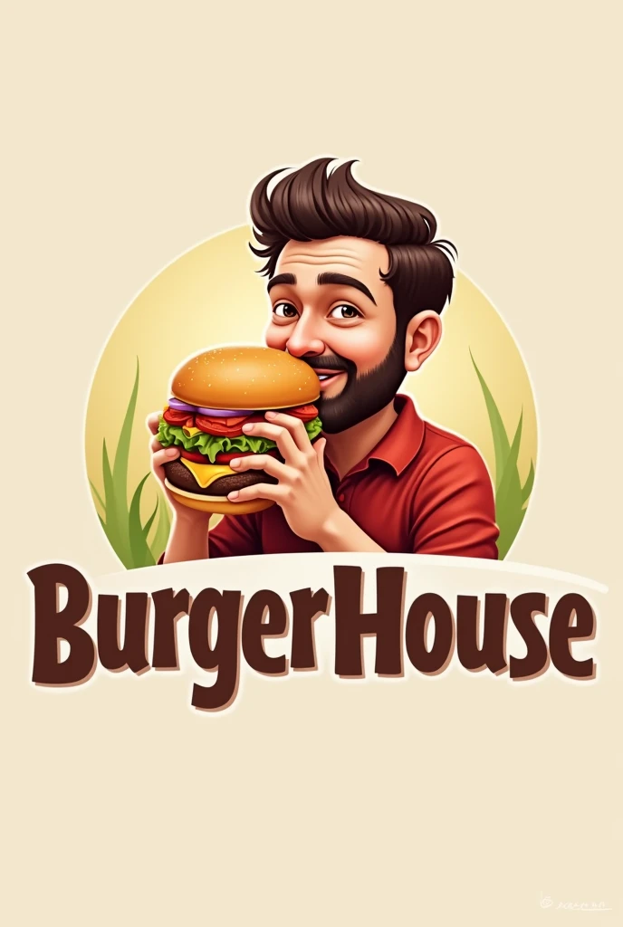 Create a logo of a person eating a hamburger and the name is Burger House, realist