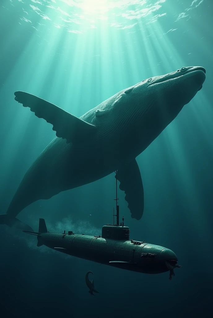 Whale in the depths of the sea with a submarine approaching it, submarine tries to escape to defend itself damaged torpedo fires