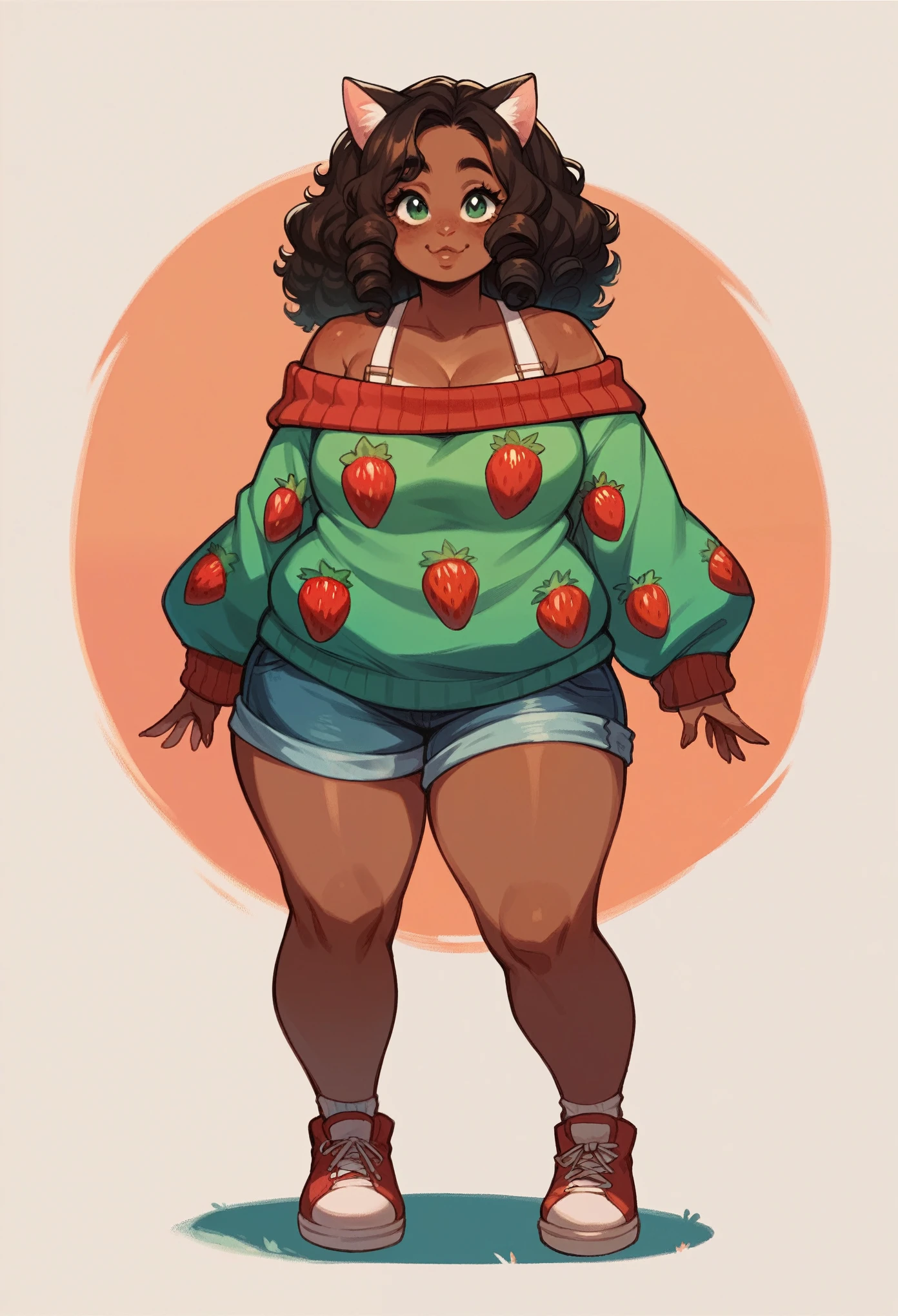 Cute, african american, big breasted, long super curly hair, bbw, female, full body, wearing off shoulder strawberry sweater, shorts, cat ears, animated