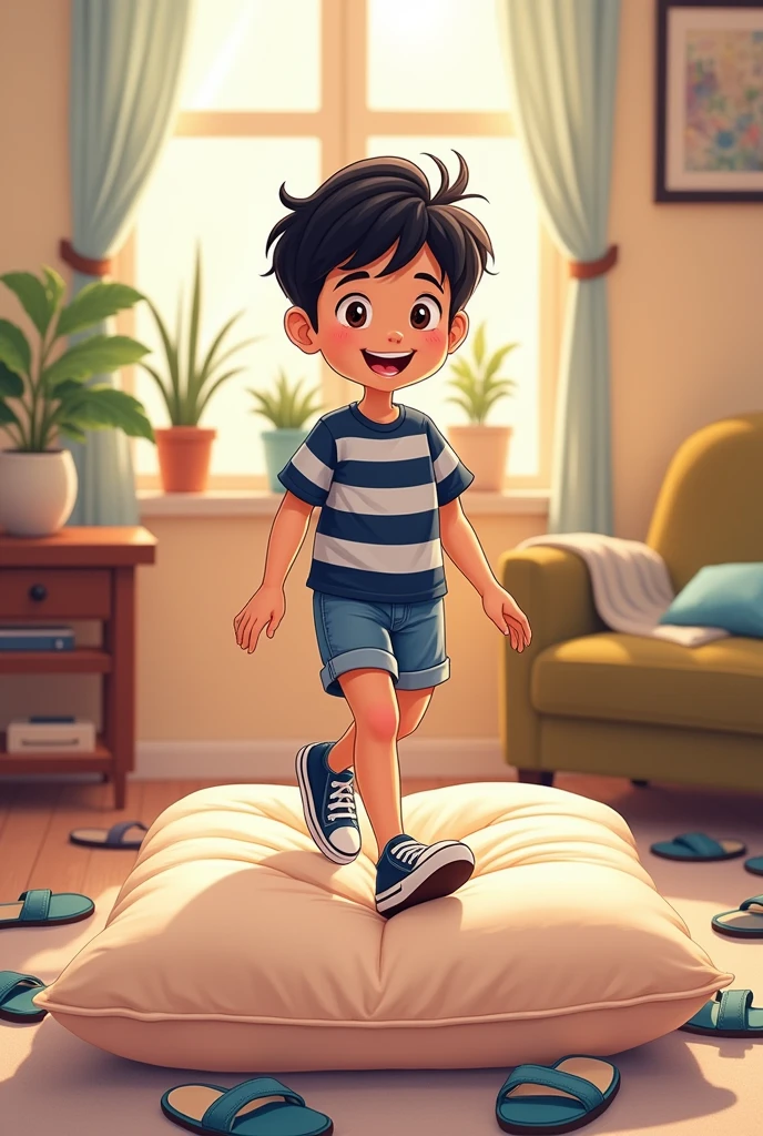 Cartoon of  walking on a cushion in the living room and with slippers scattered around the room short black hair dark brown eyes light skin wearing navy blue and white striped shirt jean shorts all star sneakers happy and with an innocent look