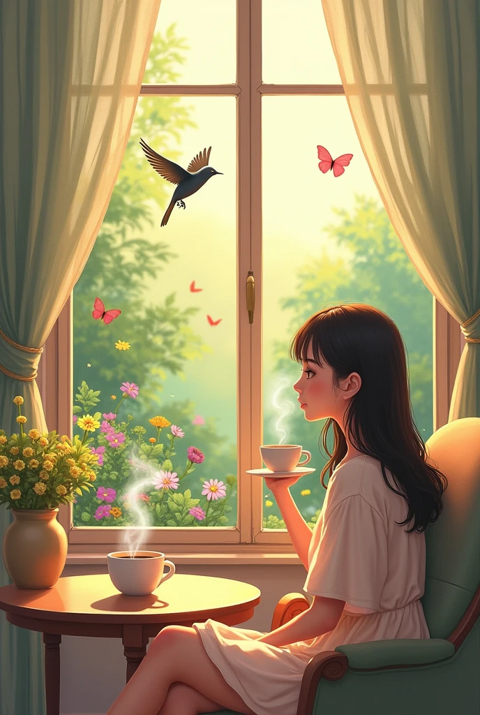 A cute girl siting on a chair with cofee cup on a table baground windo open glass out side beautifull gerdent followers  and bird fling butterfly were fly