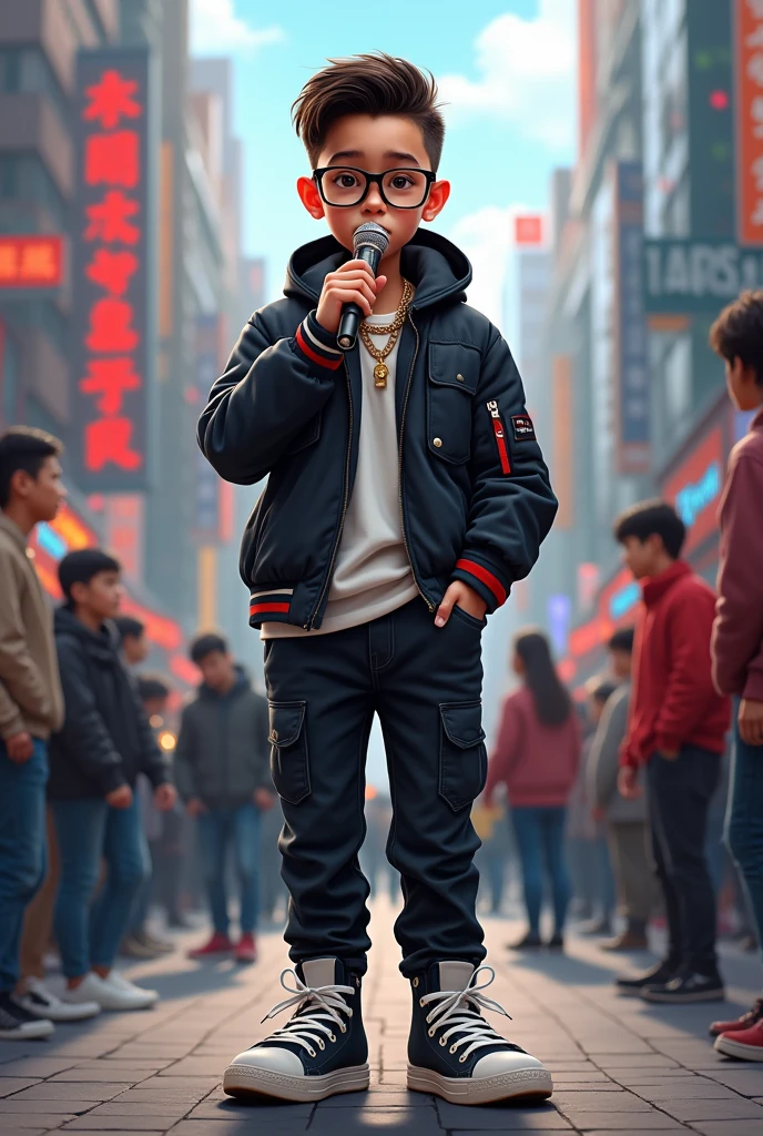 A cute rapper boy stand in Shanghai street wearing rapper style dress ,black glasses and holding mick in front of crowd ,look straight