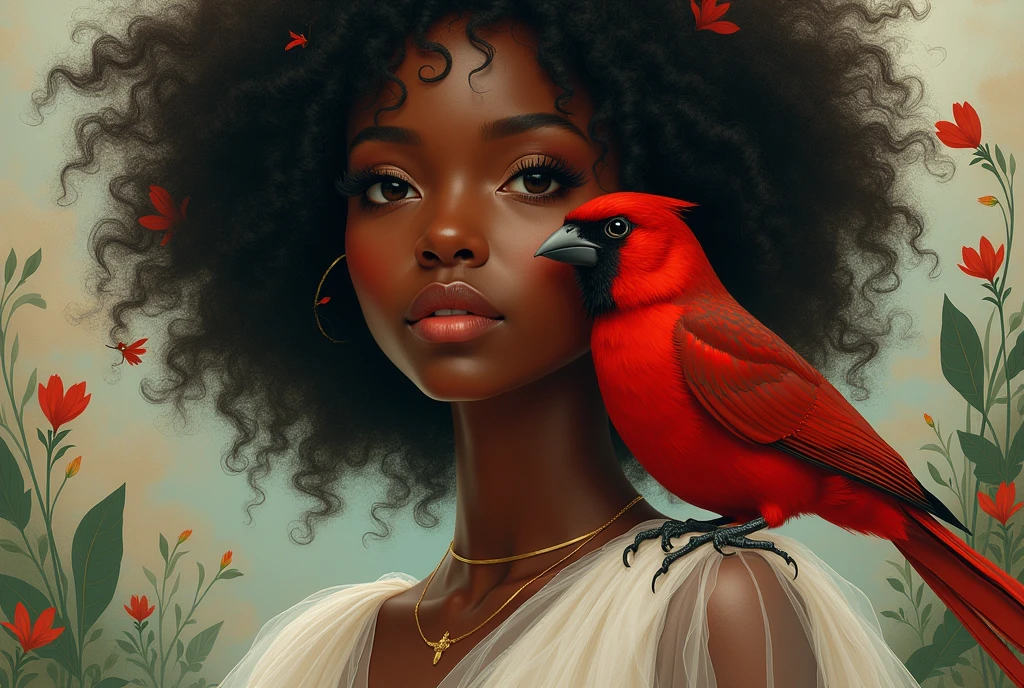 a close up of a woman in a white dress with a red bird, beeple and jeremiah ketner, mark ryden in the style of, art in the style of disney, the mekanik doll, painting by android jones, by Lennie Lee, wlop loish and clamp style, dark skin female goddess of love, loish |
