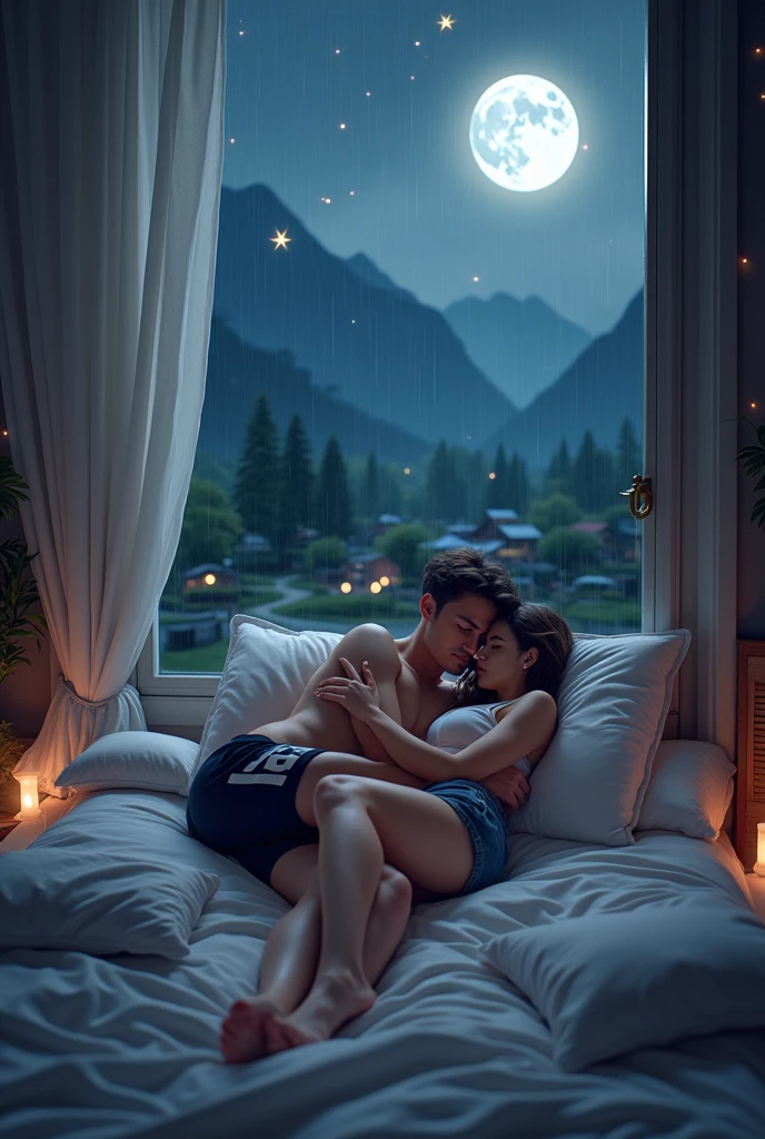 Coupel, photo of a sleeping and hug, Facing forward,handsome young man Thai shirtless shorts bearing the text "LD" logo,and beautiful girl Wearing a tang top, a bit fat,on a mini bed surrounded by mini pillows,long cloth covering part of the glass, Beyond the bedroom window is mountain views, full moon,a bit rainy, twinkling stars ,in a village