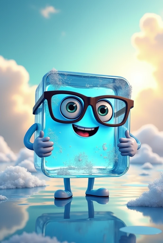 Animated ice cube with hands and feet, wearing glasses with the brand name “San Felipe”, that has a background with clouds and sun That helps promote the purchase 