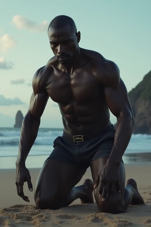 I want you to imagine a tall man whose skin color is black., he is on his knees, but from the coast, where your ass is showing.
