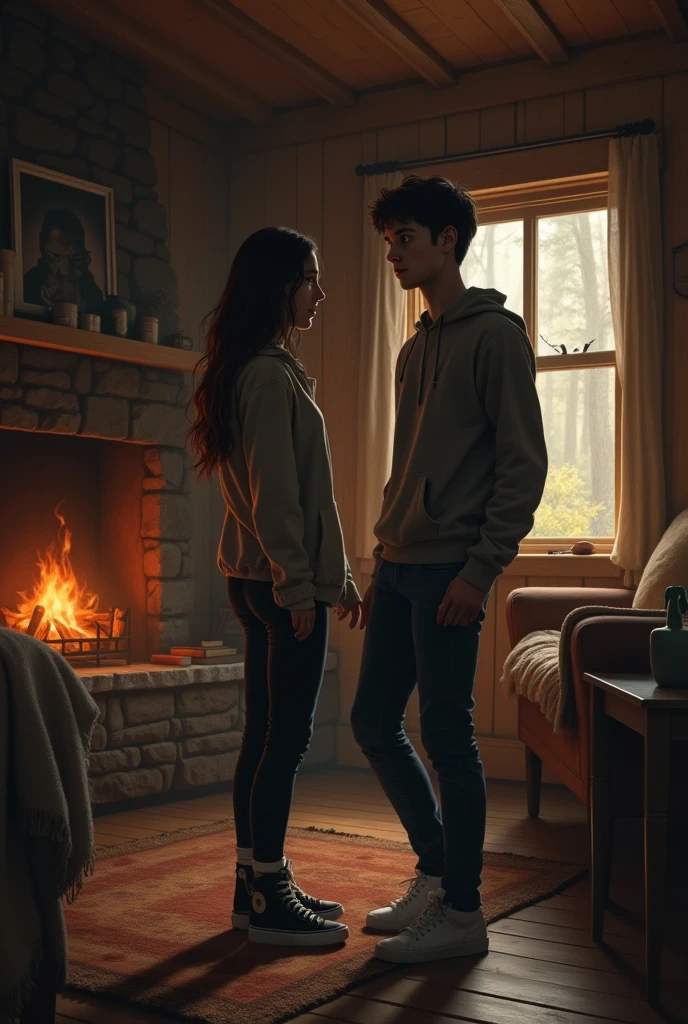 A young black-haired woman and a young man hear a scream in a room inside the cabin