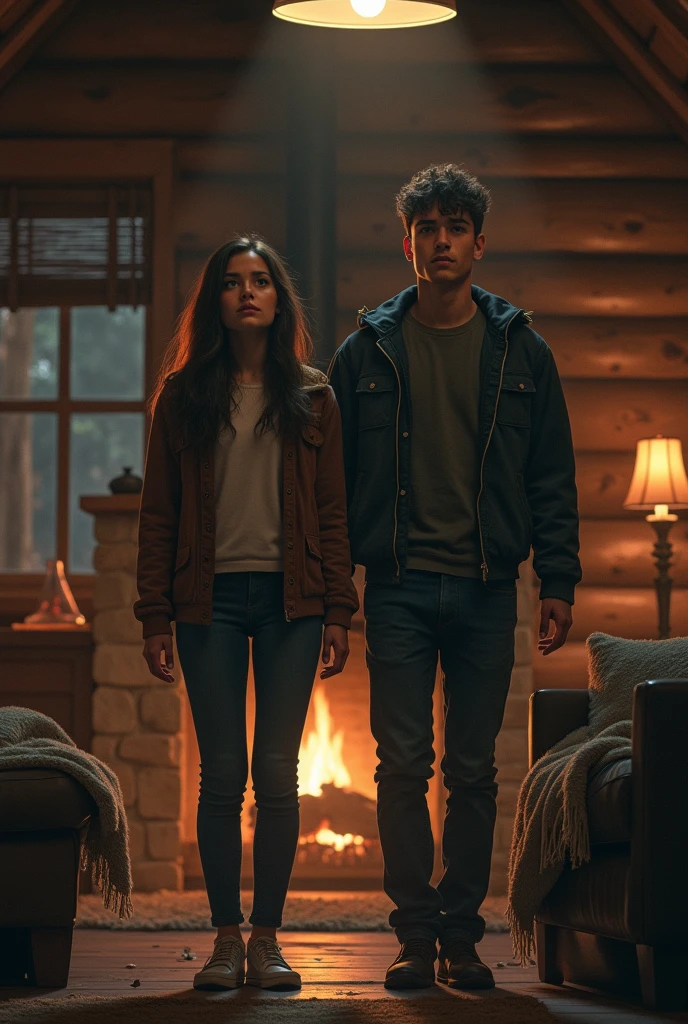 A young black-haired woman and a young man hear a scream in a room inside the cabin