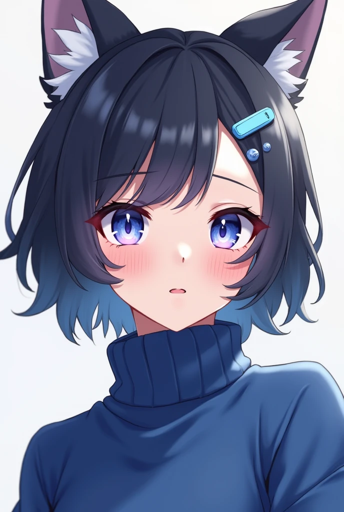 Anime girl, blue eyes with purple gradient and sharp pupils, wolfcut hair and cat ears with a small baby blue hair clip, wearing a turtleneck sweater blue.
