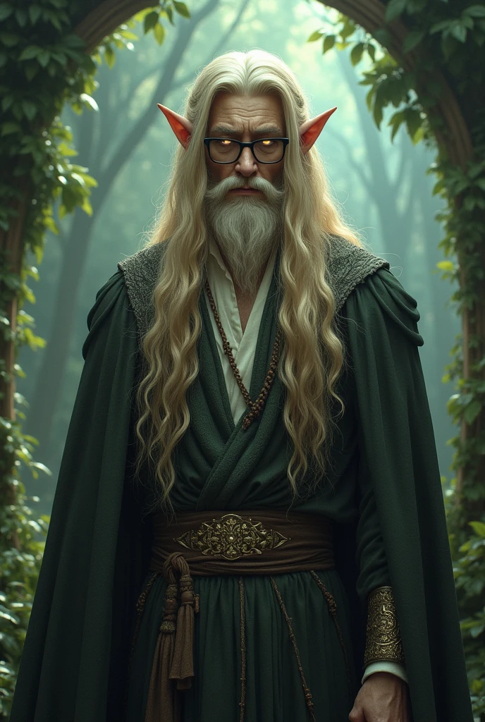 An elf lord with white eyes and long golden hair, medieval clothes and black square glasses