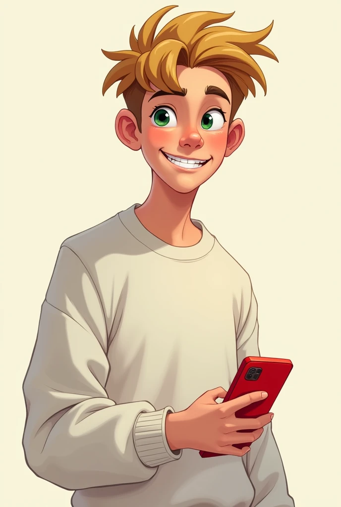male character with dark blonde hair,light skin, dark green eyes, slightly crooked teeth and a white shirt with a sweatshirt on top, holding a red cell phone.cartoon style