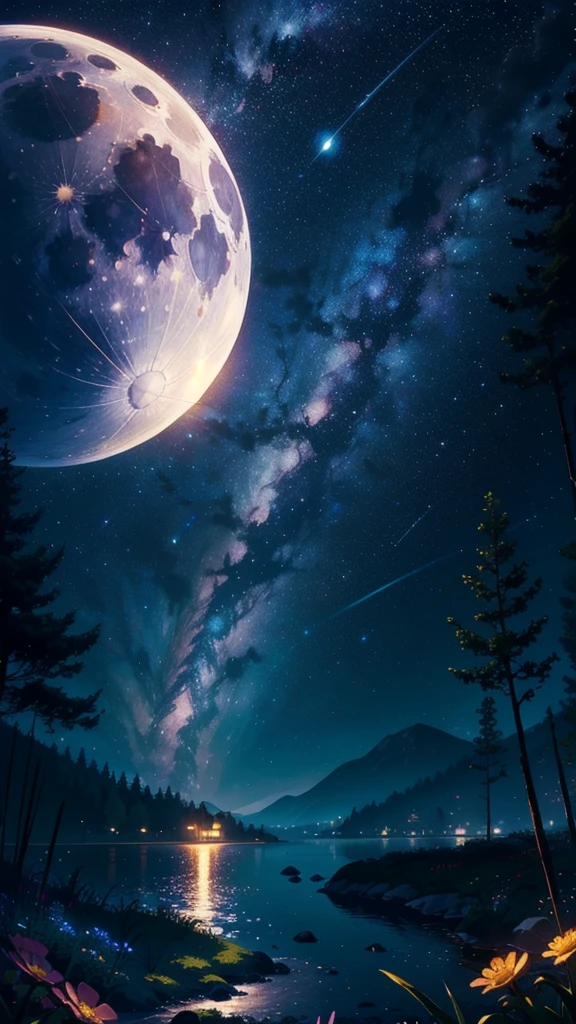 master part, gorgeous, landscape, (((NO_HumaNãos))), night, flower, garden, Starry sky, full moon constellation)) , stunning, vista, water, warm, cozy, peaceful, Meteor, cosmic, magic, magic, particuls, i&#39;m, ((Fireflies))