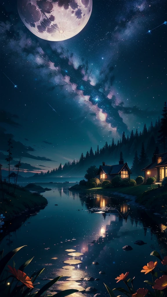 master part, gorgeous, landscape, (((NO_HumaNãos))), night, flower, garden, Starry sky, full moon constellation)) , stunning, vista, water, warm, cozy, peaceful, Meteor, cosmic, magic, magic, particuls, i&#39;m, ((Fireflies))