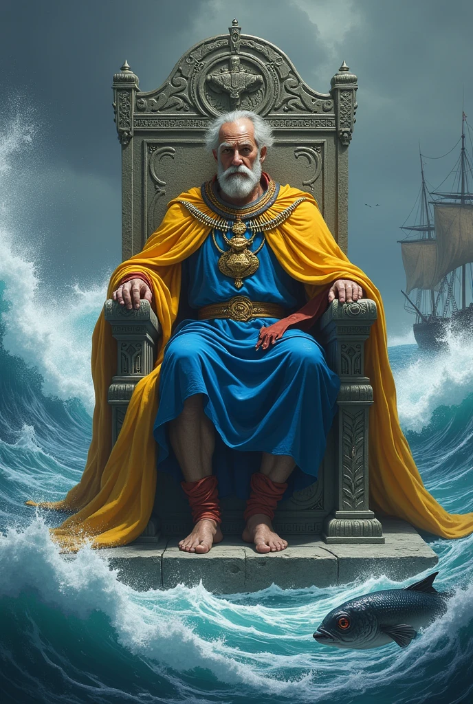 In the context of a barbarian Sumer, land of sorcery and formidable warriors, The card shows a mature man sitting on a grey stone throne, located in the middle of a raging sea. Despite the turbulent environment, The King appears calm and serene.
outfit: The King wears a blue tunic and a yellow cloak with red details.. Around the neck, He wears a necklace with a fish-shaped amulet, symbol of creativity and spirit.
throne: The throne is decorated with images of fish and shells., that symbolize mastery over the unconscious and emotions.
bottom: To the right of the King, a fish jumps out of the water, and to the left, a ship sails with a firm step. These elements represent the balance between the unconscious and the conscious., and the ability to navigate emotions without being overwhelmed by them..The image represents the king of cups of the traditional tarot, but in the context of a land of Sumerian barbarians. It is important that it be hyperrealistic and respond to the aesthetics of the Sumerian barbarians..