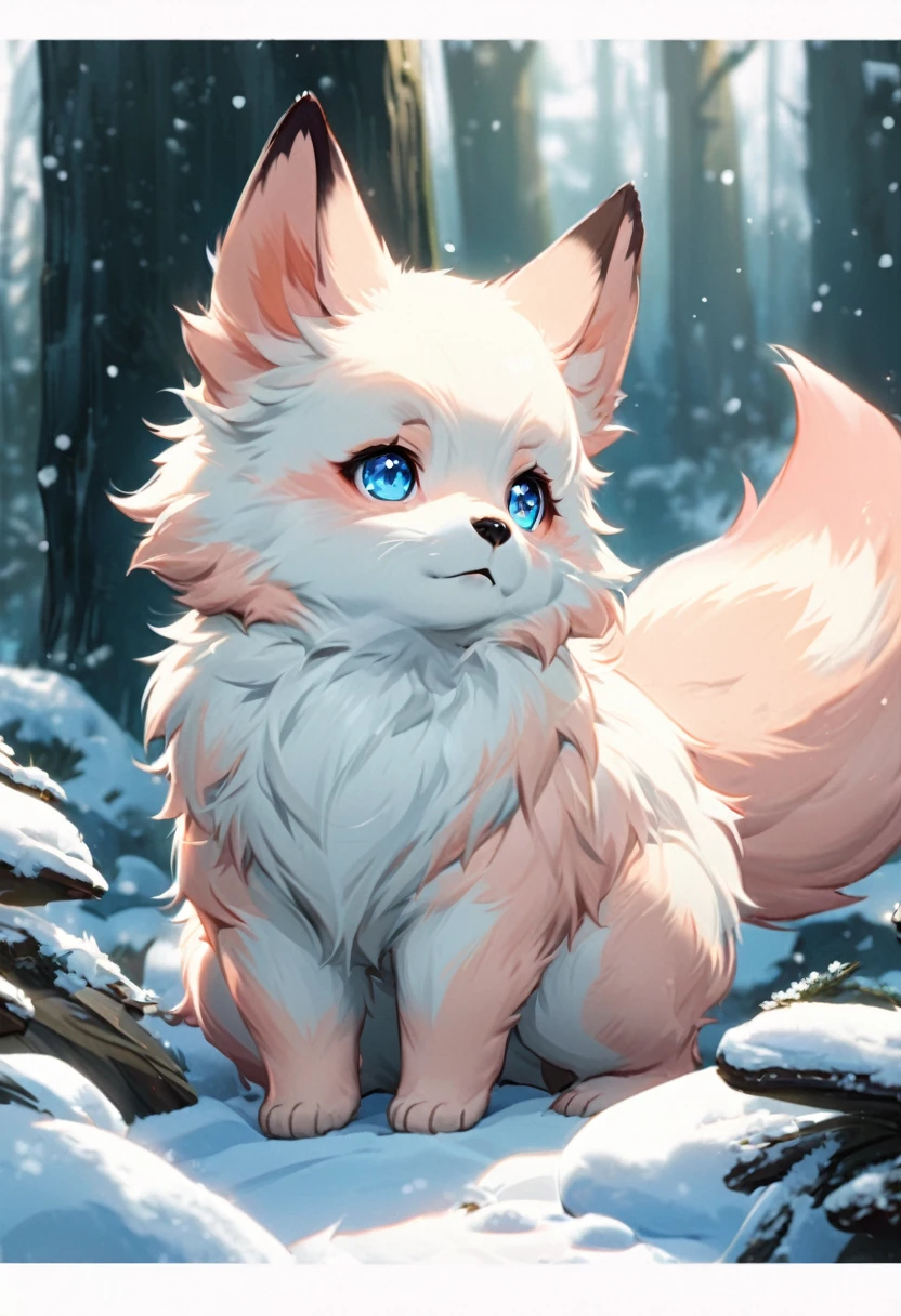 a little peach color   fox cub Small , in a winter forest, alone, animal focus, non-human, better quality, more details, more details in the eyes,  puppy,It would look cute,focus animal