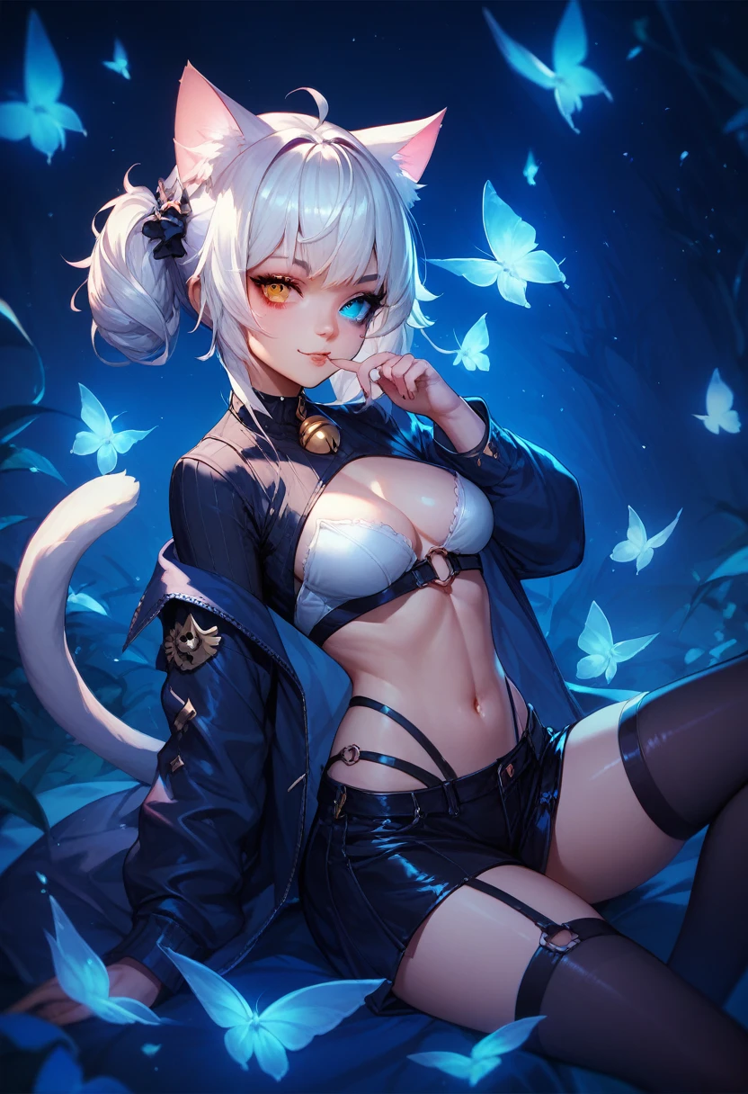 MILCT3, MILCT3up to, up to, girl, heterochromia, Cat's ears, skirt, hair ornament, Glasses, pink hair, beige hair, Blue eyes, Pink eyes, Tail, fingerless gloves, gloves, brown open jacket, tie, mouth open, face close up