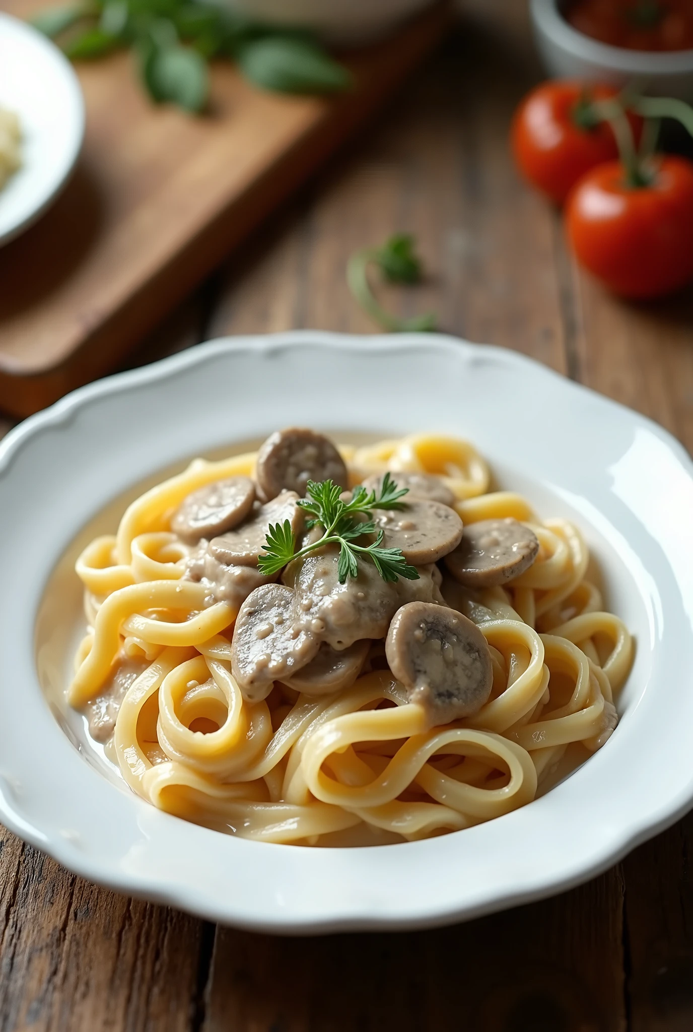 Create a white plate with fettuccine pasta in mushroom sauce on a wooden table