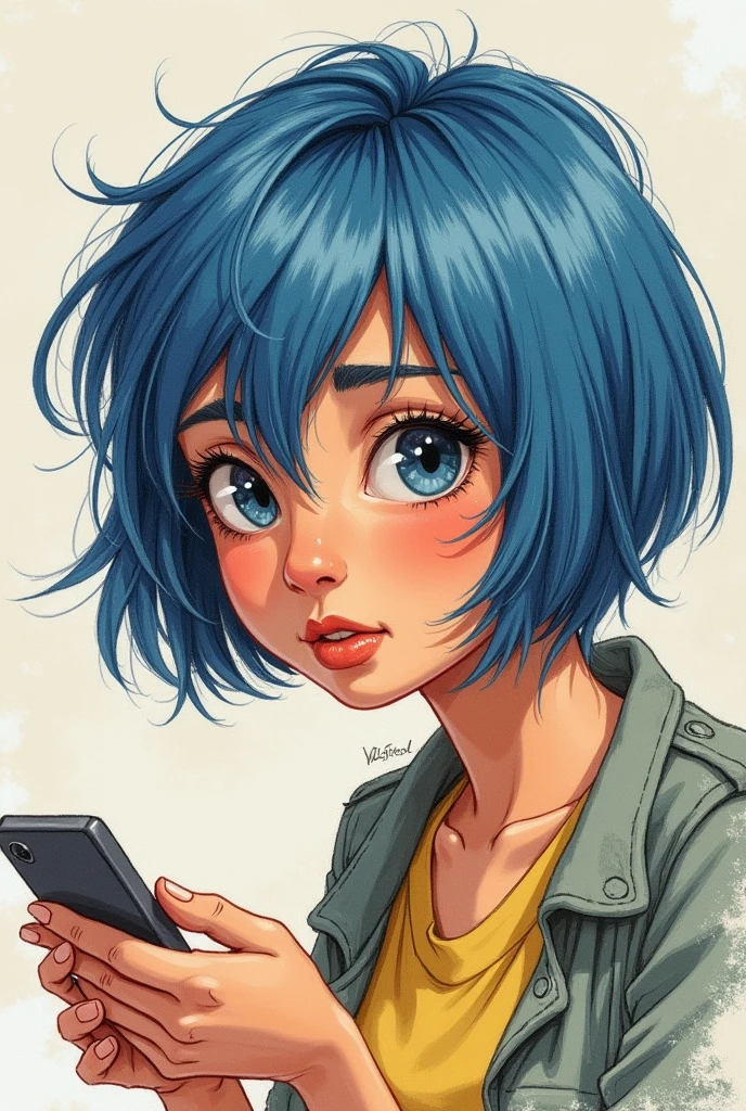 latina woman, Short blue hair cut in French Bob style, without bangs, a little messy. Not very pretty. She is watching something, investigating, curious.  Illustration as if it were made with colored pencils. 

