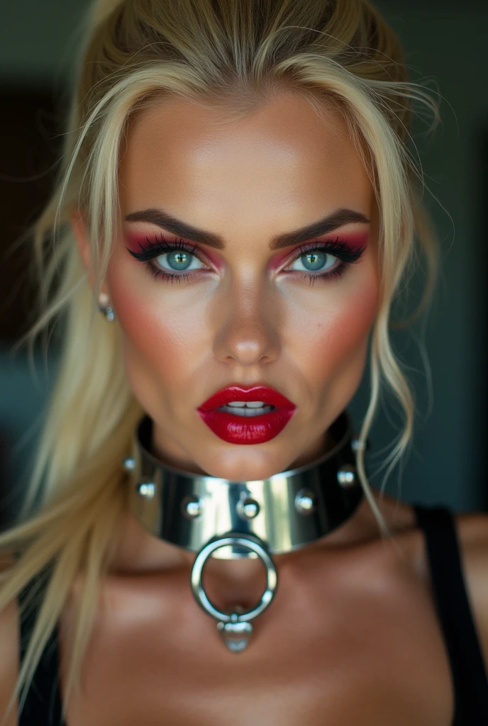 best quality, 8K, HD, beautiful blonde Caucasian woman, looking very a arrogant enraged down to the camera, heavily made-up eyes, heavily made-up cheeks, shiny red lips, super blonde hair, ponytail hairstyle, shiny silver steel collar with o-ring on the front side,