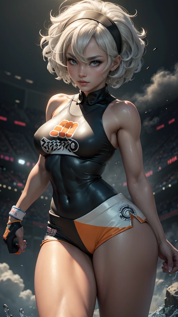 Bea da pokemon,(best qualityer,4K,8k,high resolution, work of art:1.2)(weather: cloudy), sport stadium background, short curly hair, gray hair, cropped shirt, micro shorts, thigh high stockings, headband, gloves, leotard, nipples, ultra detailed, realistic, beautiful detailed gray eyes, beautiful detailed lips, extremely detailed eye and face, long eyelashes, average, medium breasts, flying hair, beaming smile, powerful girl in a combat, kung fu stance, wet body, bright coloured, dramatic lighting,