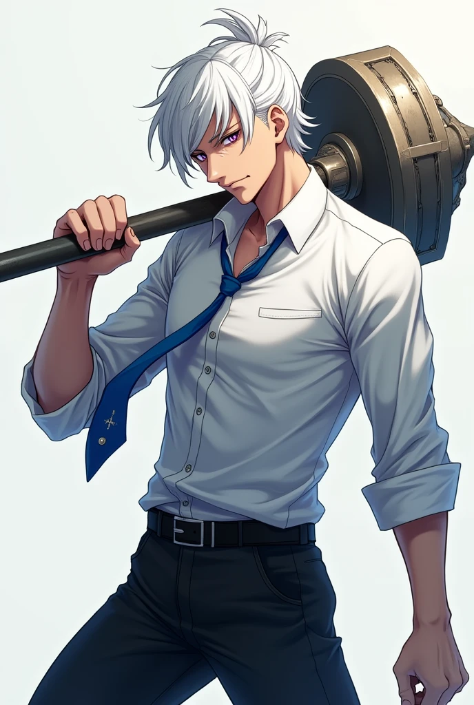 Create an image of a guy in anime style,with white hair and a small ponytail,the right eye has to be closed and the left eye has a purple iris,white dress shirt,blue tie and black pants,in the closed eye there must be a scar and make him hold a giant war march with his left arm but remember,It&#39;s not a hammer but a marching one