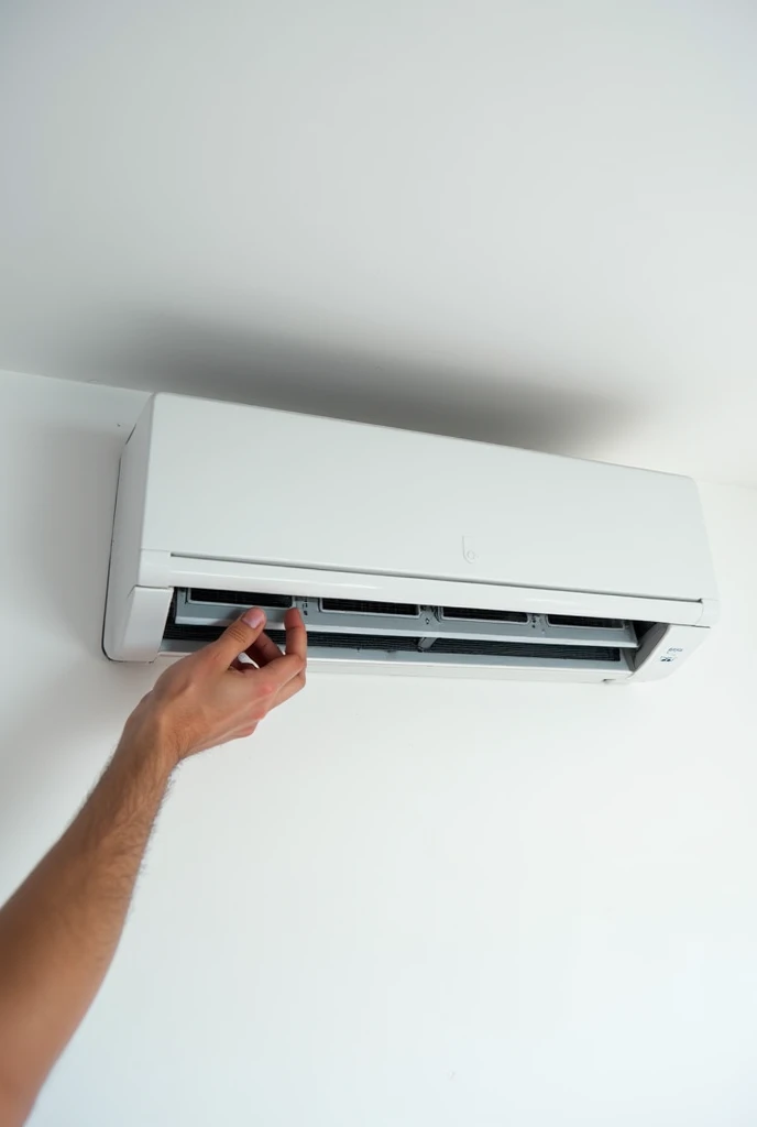 Air conditioner installed in a wall and a workers hand showing in a white background