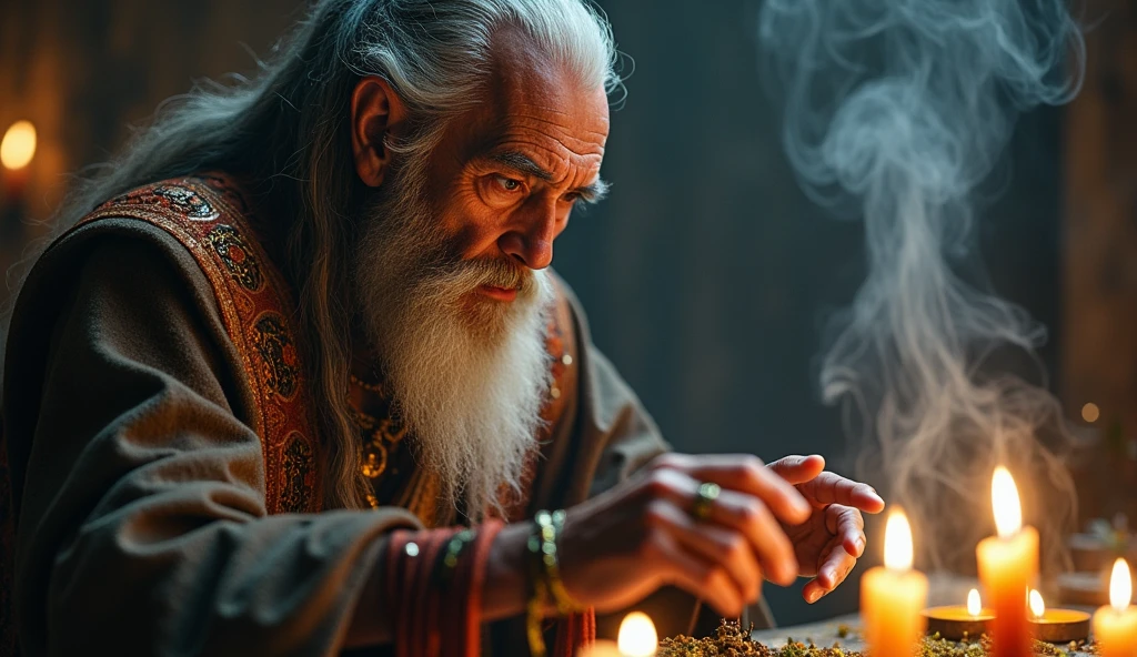 Create close-up of a shaman performing a purification ritual