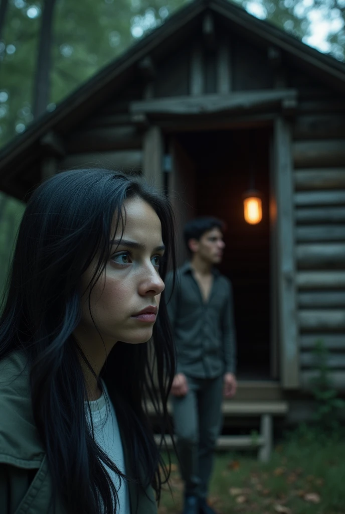 A young black-haired woman and a young man hear a scream in a room inside the cabin and become very scared.