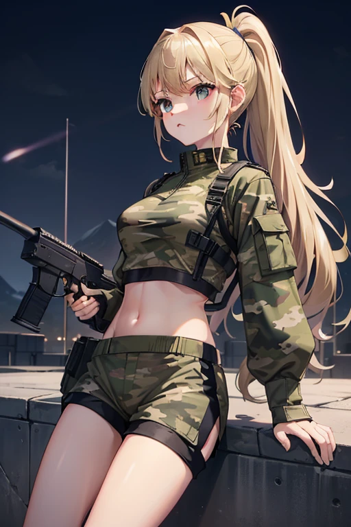 Outdoor、(military base:1.2)、Steel Building、(midnight:1.5), beautiful girl、(Blonde:1.5)、ponytail、Belly-baring camouflage combat uniform、Crop tops、Vertical belly button、camouflage-patterned shorts、Thighs、Bare legs、Stick a knife in one of your legs、Hold the rifle with both hands、military base、fire、night