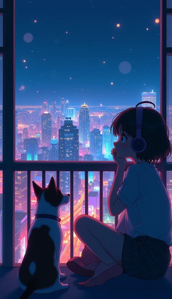 Girl sitting on balcony , Feel the view outside、look , Focus on the night city ,2D Game Art Styles ,Chinstill 50, Put headphones on your ears , Sing a song , at night, Colorful animation skills, A dog is sitting next to a girl、Makoto Shinkai style