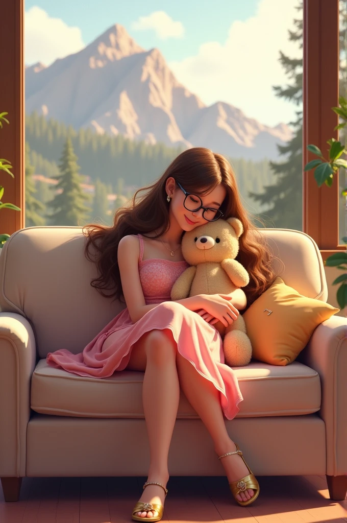 Background mountain view California state University and golden shoes brown hair pink dress sitting couch wearing glasses and accessories and hug soft toy in text Fahad