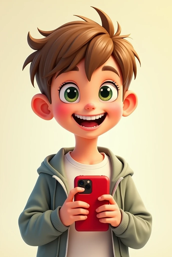 child character between 9 and ,male with dark blonde hair,light skin, dark green eyes, slightly crooked teeth and a white shirt with a sweatshirt on top, holding a red cell phone.cartoon style