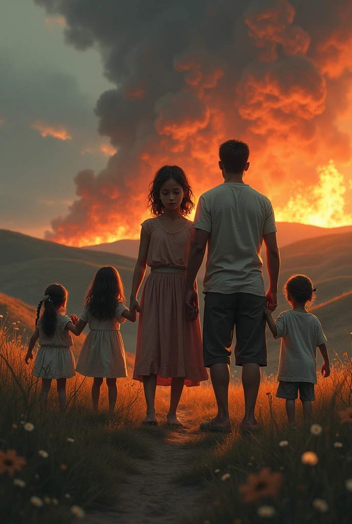 Image of a girl saying goodbye to her family with a background of hills and flames