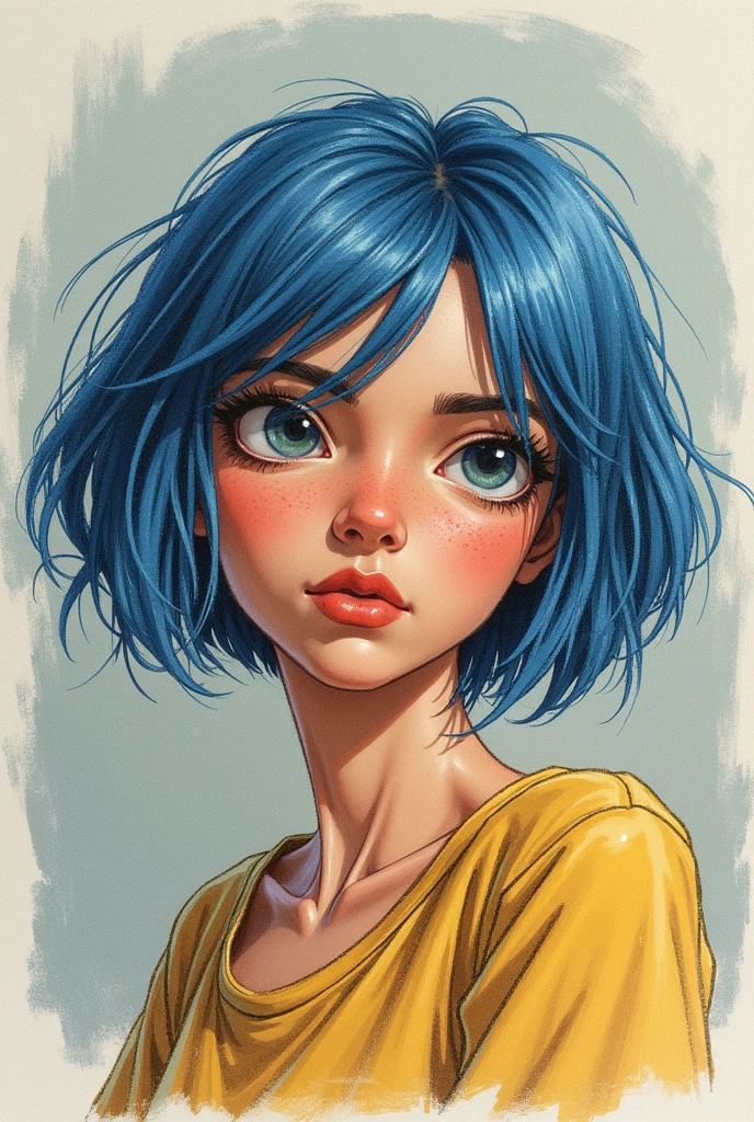 latina woman, Short blue hair cut in French Bob style, without bangs, a little messy. Not very pretty. She is watching something, investigating, curious. Illustration as if it were made with colored pencils. small eyes