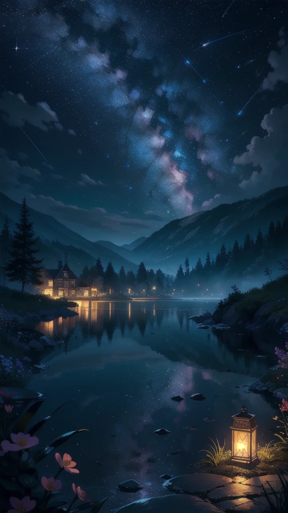 master part, gorgeous, landscape, (((NO_HumaNãos))), night, flower, garden, Starry sky, full moon constellation)) , stunning, vista, water, warm, cozy, peaceful, Meteor, cosmic, magic, magic, particuls, i&#39;m, ((Fireflies))