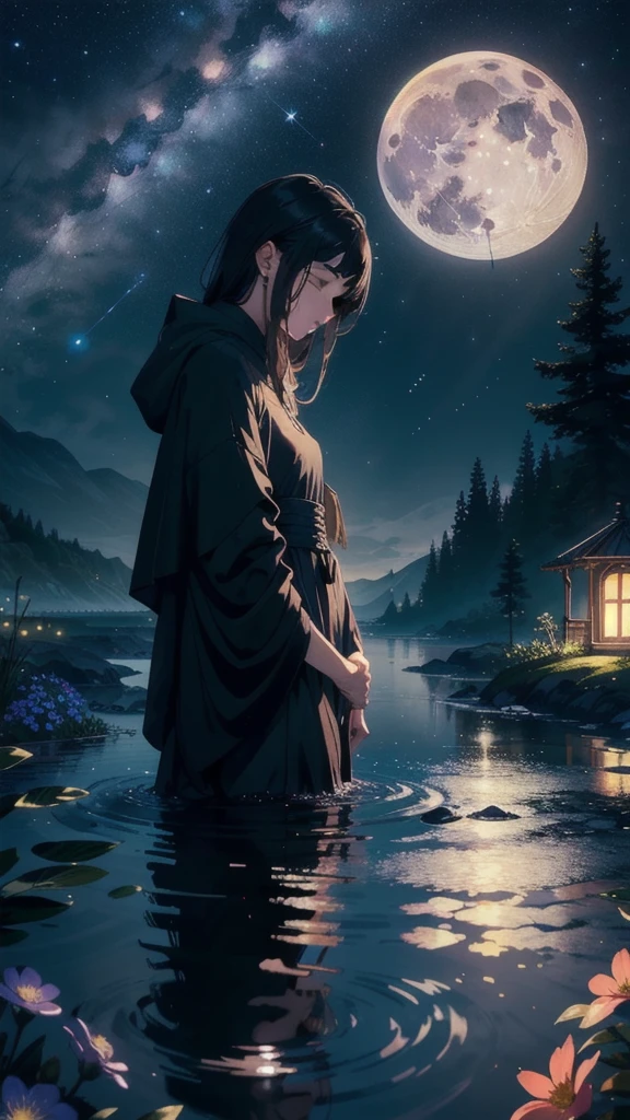 master part, gorgeous, landscape, (((NO_HumaNãos))), night, flower, garden, Starry sky, full moon constellation)) , stunning, vista, water, warm, cozy, peaceful, Meteor, cosmic, magic, magic, particuls, i&#39;m, ((Fireflies))