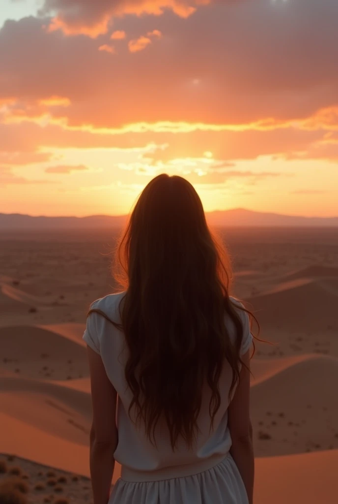 Panoramic photo of a brown-haired woman from behind in front of the desert at dusk.
God bless you and keep you .he shines on you and grants you his grace .your God turns to you gives you peace.
