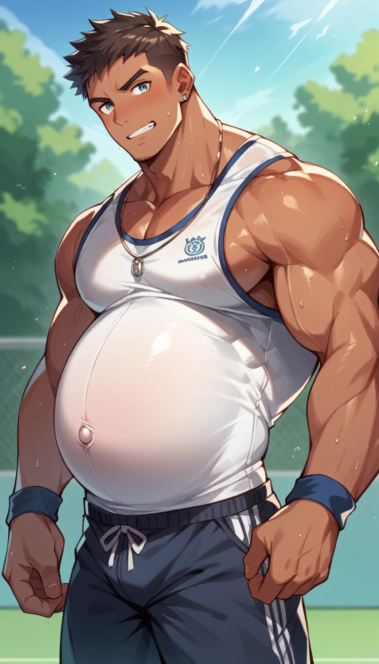 Pregnant tanned, muscular male college rugby player