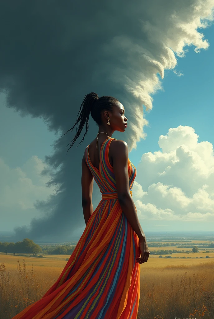 African woman in 9-color striped dress with a ponytail in her hand and a tornado in the background