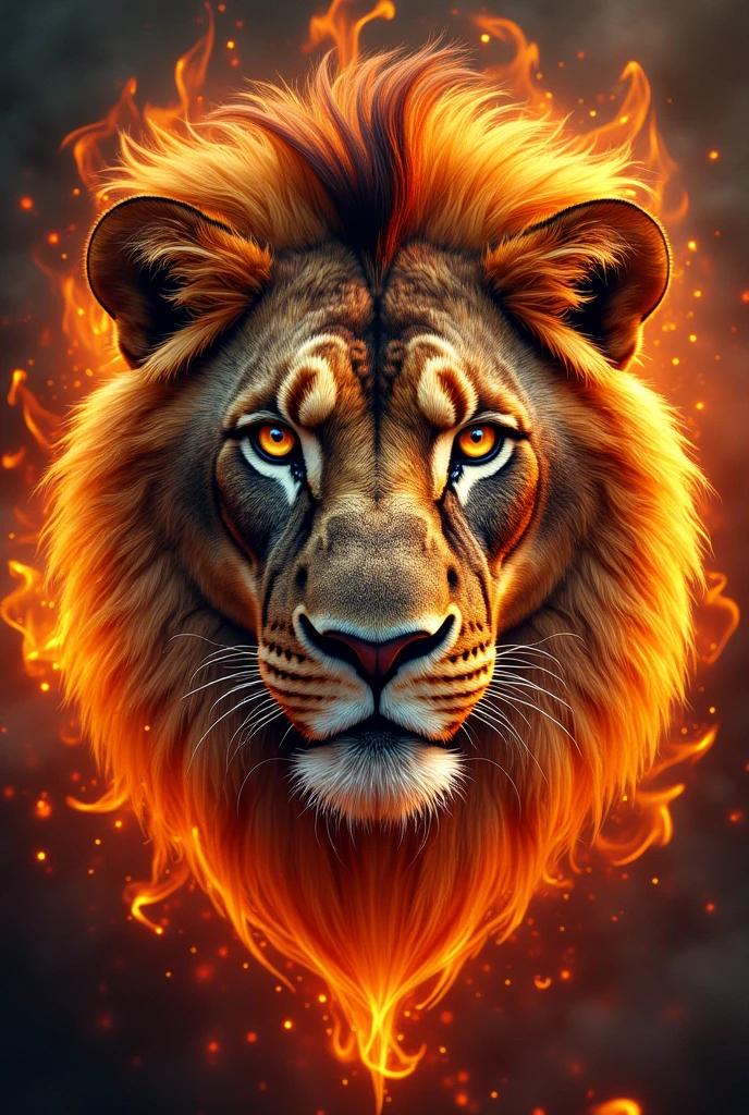 A lion's face with a musical symbol with flames in the background
