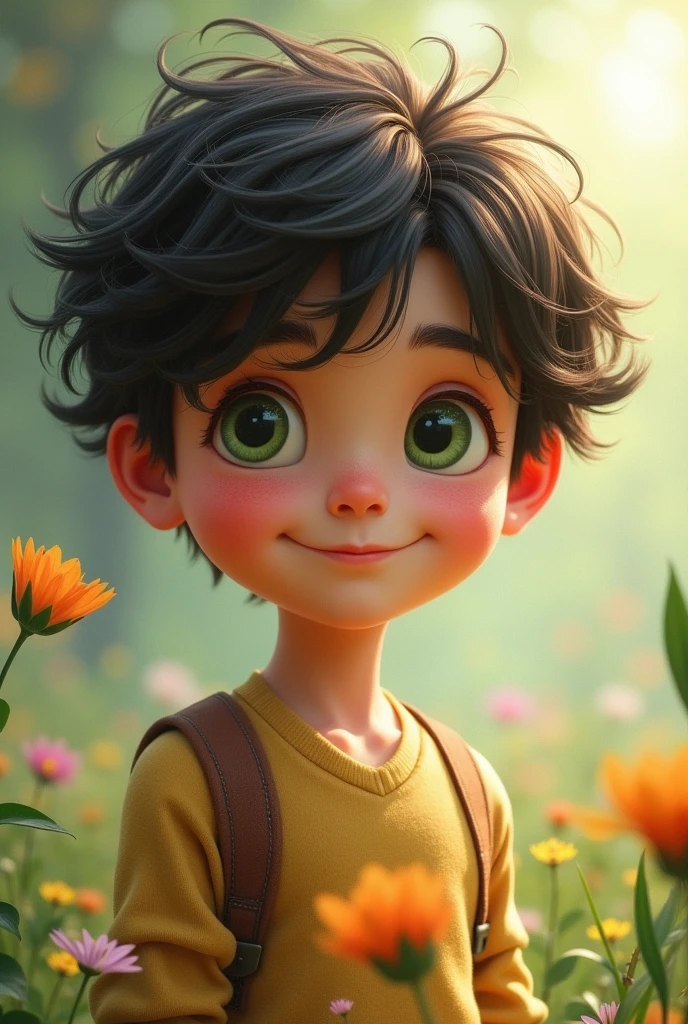 A boy with dark brown hair, green eyes,wavy hair.