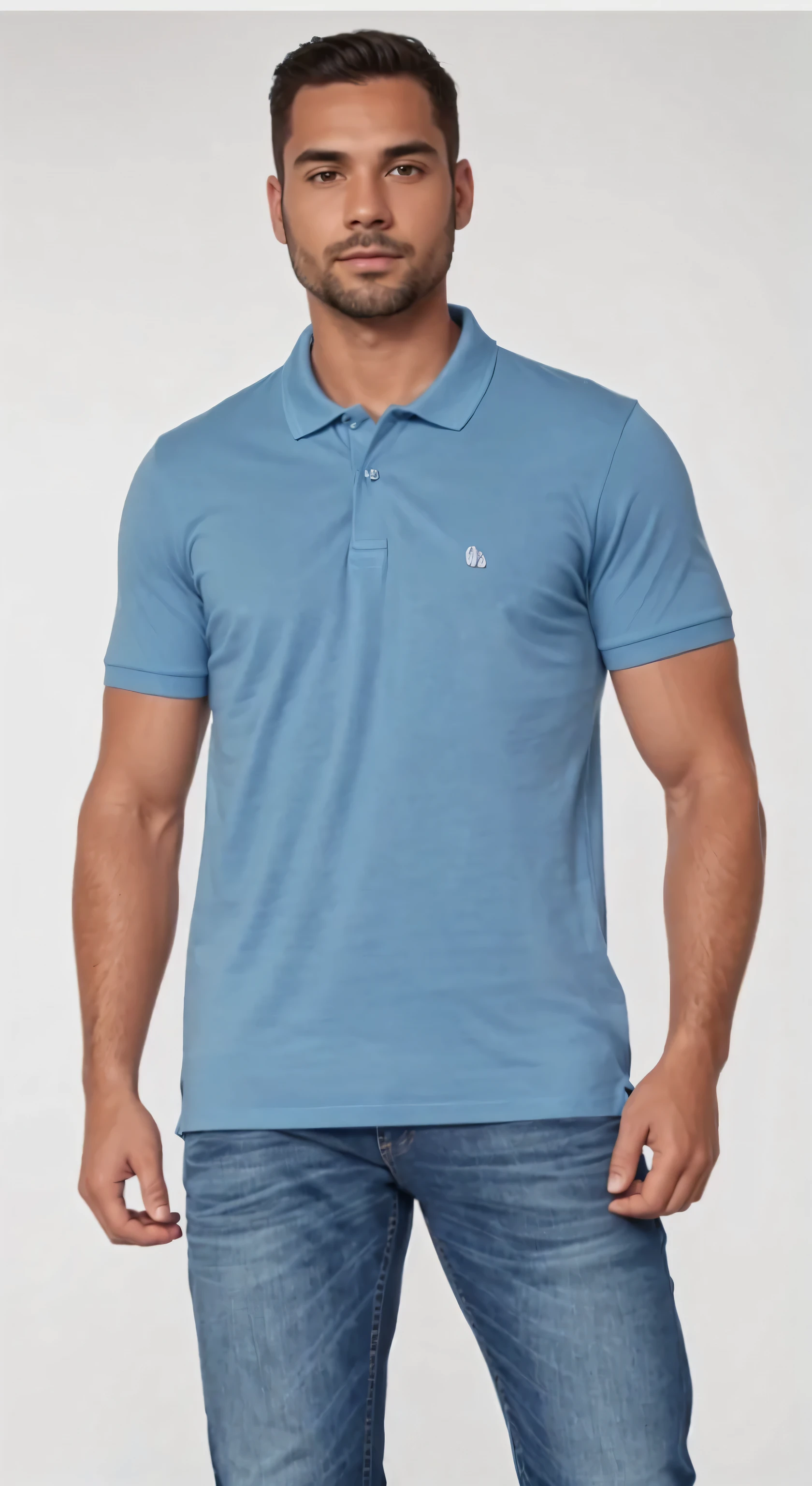 a man in a blue shirt and jeans posing for a picture, wearing a dark blue polo shirt, wearing polo shirt, in a dark teal polo shirt, wearing a light blue shirt, medium blue, blue clothing, blue shirt, sky blue, collared shirt, modern casual clothing, short sleeves, plain uniform sky, aqua, light-blue, blue, blue tight tshirt