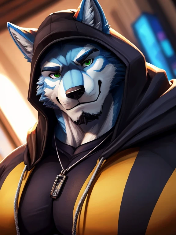 bynamic angle,depth of field, motion blur, absurdres,looking at viewer, (best quality), (masterpiece), (ultra detailed),(detailed eyes),sharp focus ,anthro male , Light Blue Wolf, (muscular),Bodybuilder , Fat belly , big Pecs , Wearing black cap , wearing Sunglasses , Green eyes,handsome , Neckless , Cool Hoodies