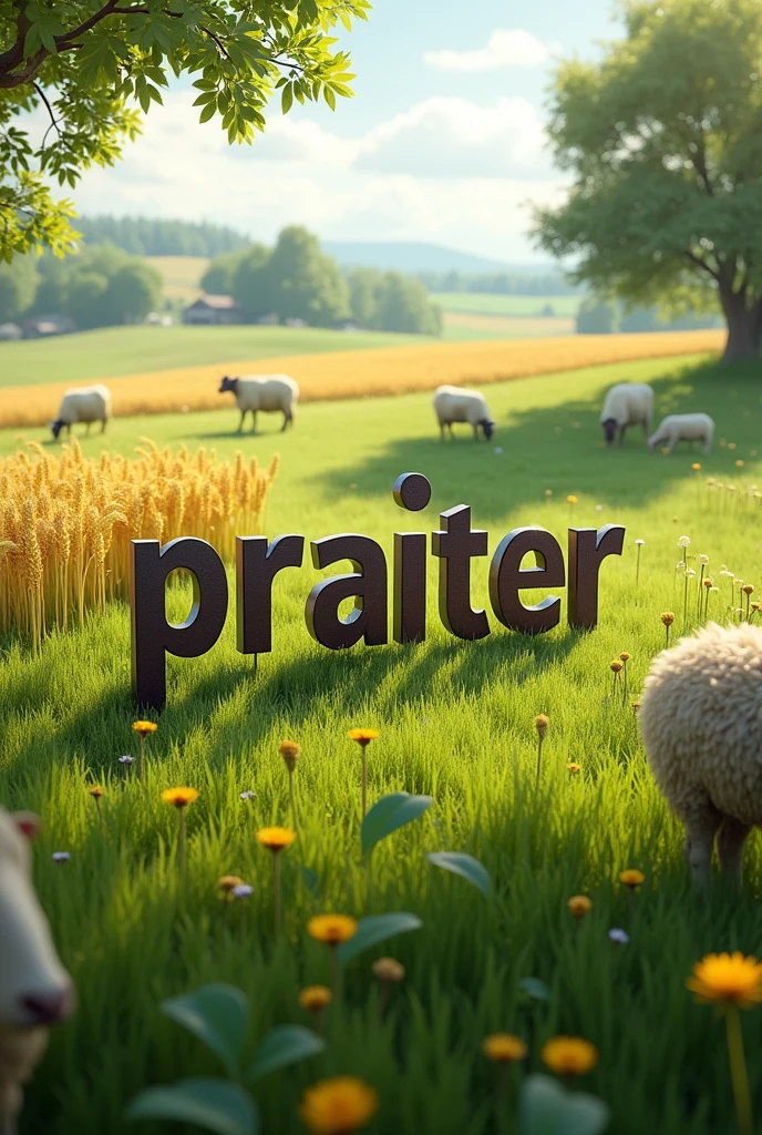 (photorealism:1.2), the lettering: Praiter - Always one step smarter, in an agritcultural environment with animals and grain and meadow