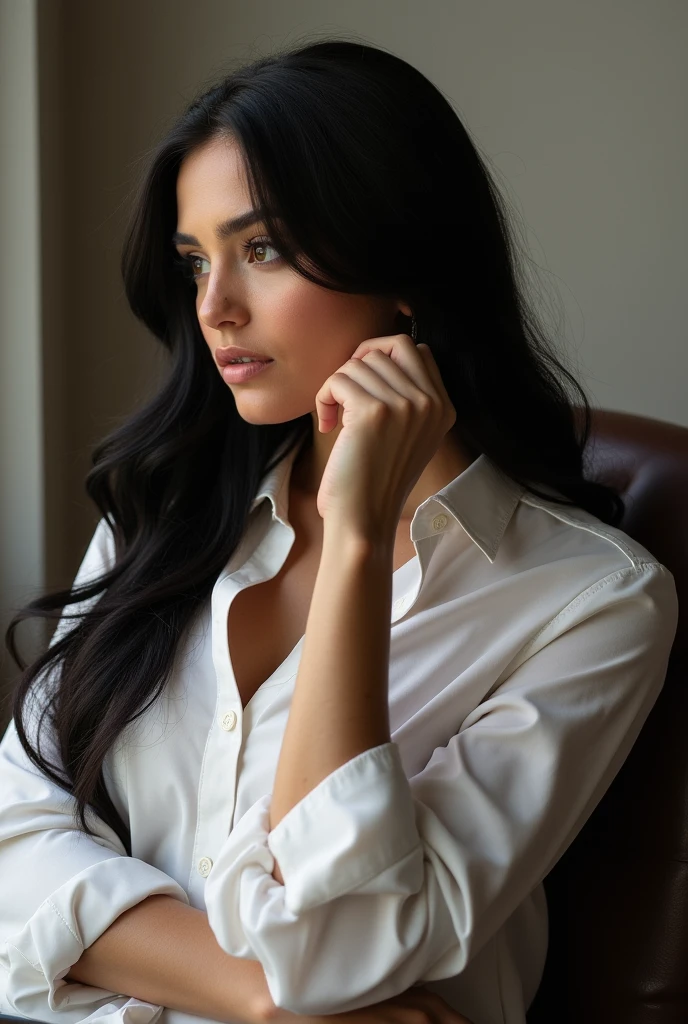 Photo shoot brunette woman long black hair,white shirt, more robust silhouette,sitting in a chair with one hand on her face and with lights that highlight her beauty