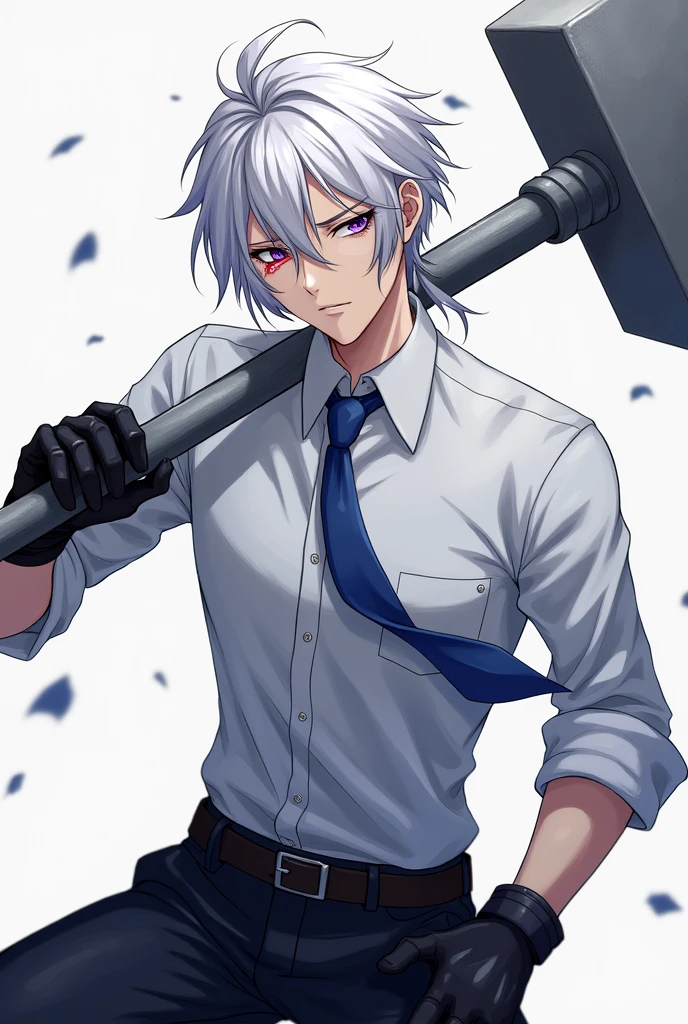 Create an image of a guy in anime style,with white hair and a small ponytail,the right eye has to be closed and the left eye has a purple iris,white dress shirt,blue tie and black pants,in the closed eye there must be a scar and make him hold a giant war march with his left arm but remember,It&#39;s not a hammer but a hammer and the hammer is gray,Furthermore he wears two black motorcycle gloves